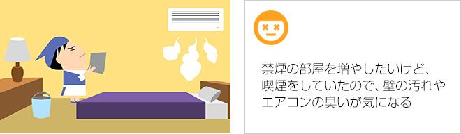 禁煙の部屋を増やしたいけど、喫煙をしていたので、壁の汚れやエアコンの臭いが気になる