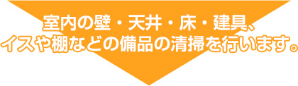 室内の壁・天井・床・建具、イスや棚などの備品の清掃を行います。